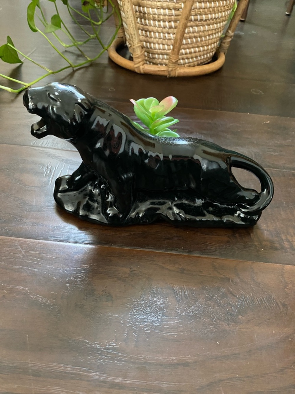 Vintage Mid-Century Black Ceramic Panther Figurine